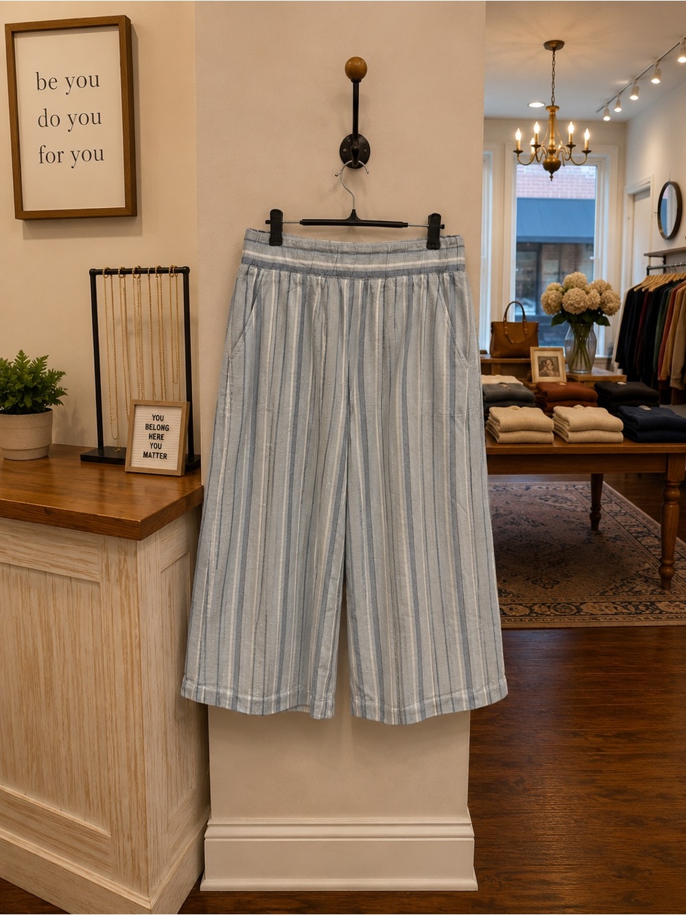 Cloth & Stone Blue White Striped Linen Blend Wide Leg Crop Pants Size Small